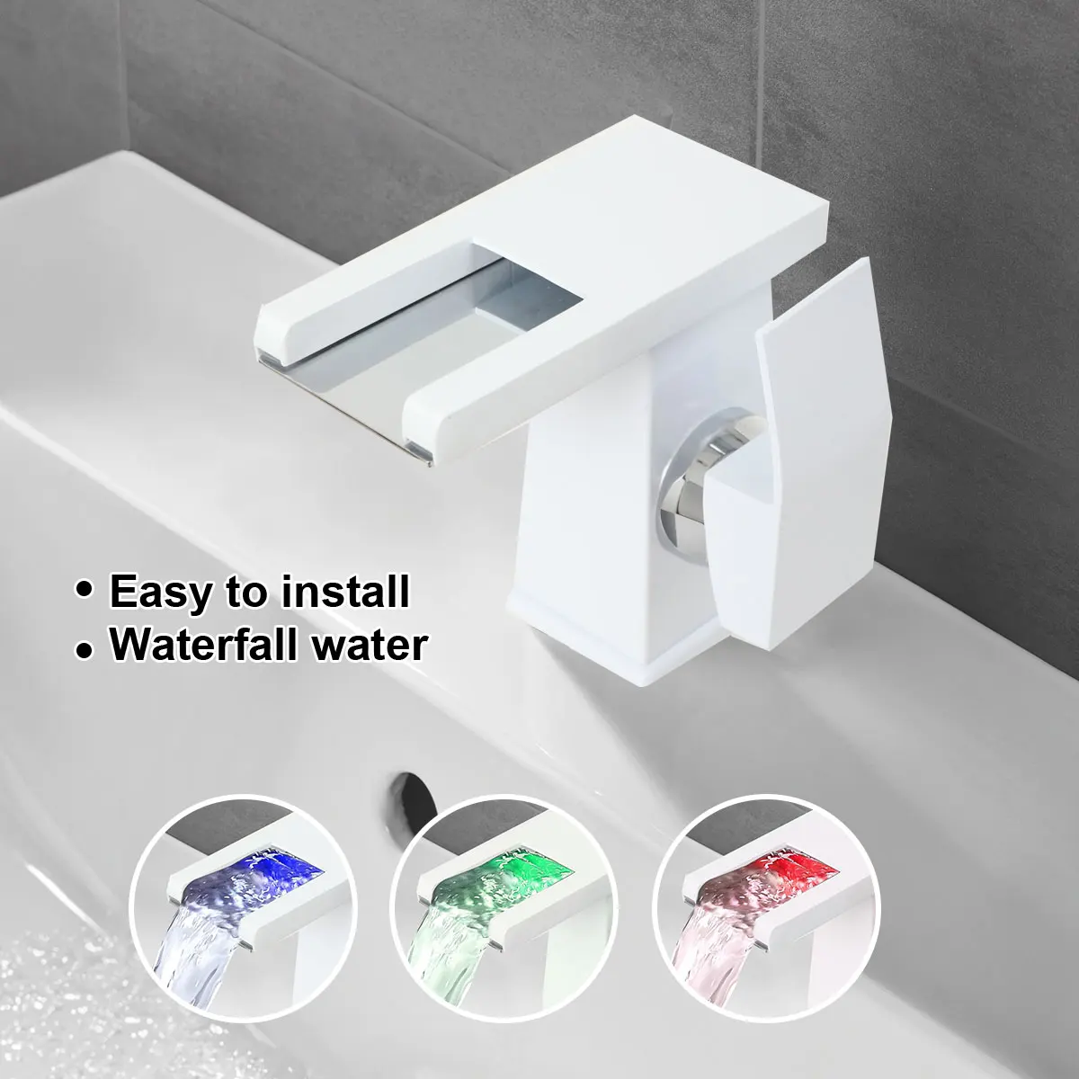 Rubinetto a cascata per lavabo da bagno opaco a LED Cambio di tre colori con temperatura Miscelatore acqua calda e fredda Rubinetti Tubo di ingresso acqua