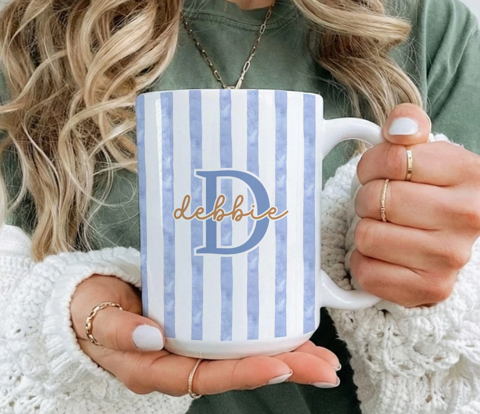 Personalized Striped Mug With Name Custom Monogram Coffee Cup Gift For Her Pastel Initial Mug, Bridesmaid Gift, Cute Vintage Mug