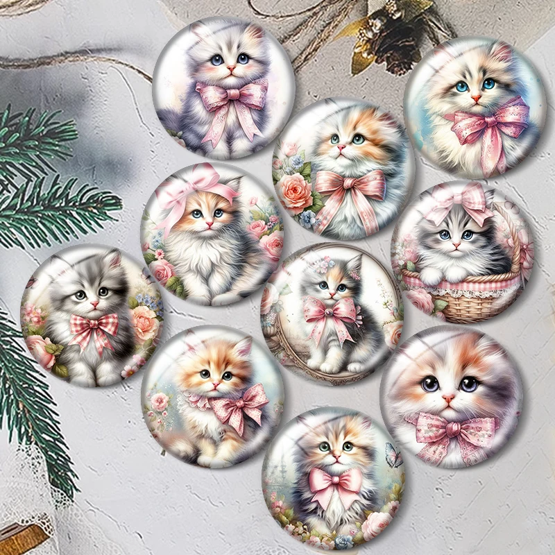 Kitten with Pink Bow  12/18/20/25mm glass cabochon  bracelet pendant rings for jewelry demo earrings back Making findings