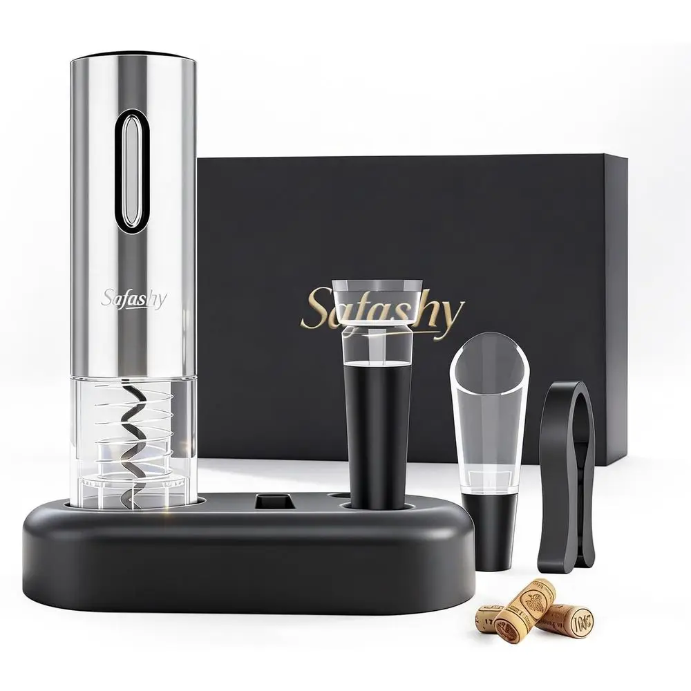 

Rechargeable Automatic Wine Bottle Opener Set with Oil Cutter, Pourer & Stopper, Elegant Gift Box for Special Occasions