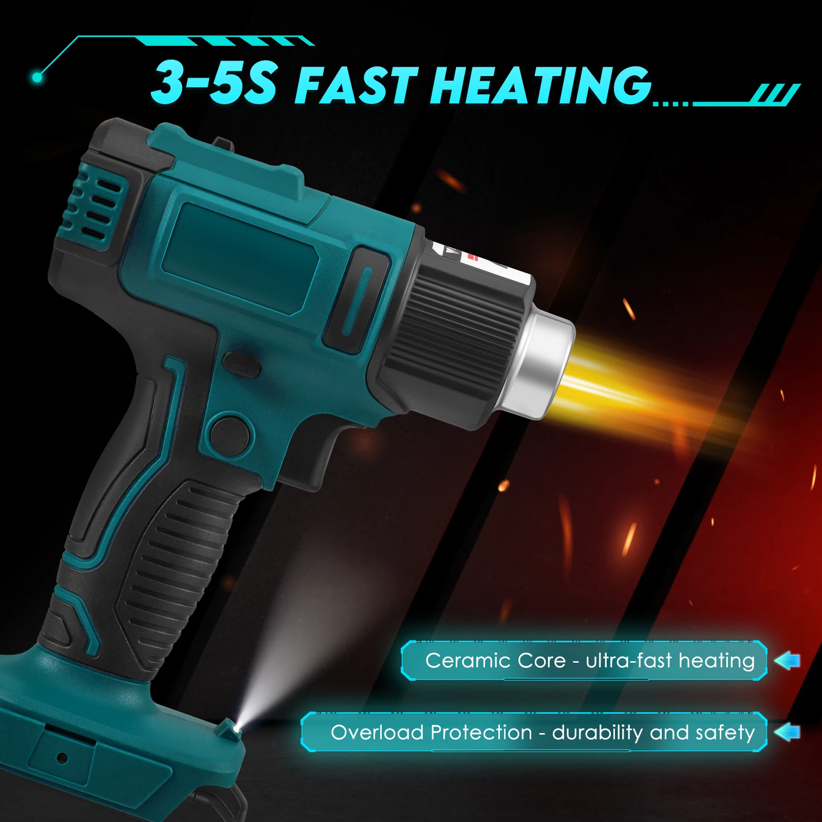 Pistola termica senza fili per batteria Makita 18V, riscaldamento rapido, controllo a doppia temperatura, luce LED, con 4 ugelli per termoretrazione, piegatura tubi in PVC, caricabatterie non incluso.