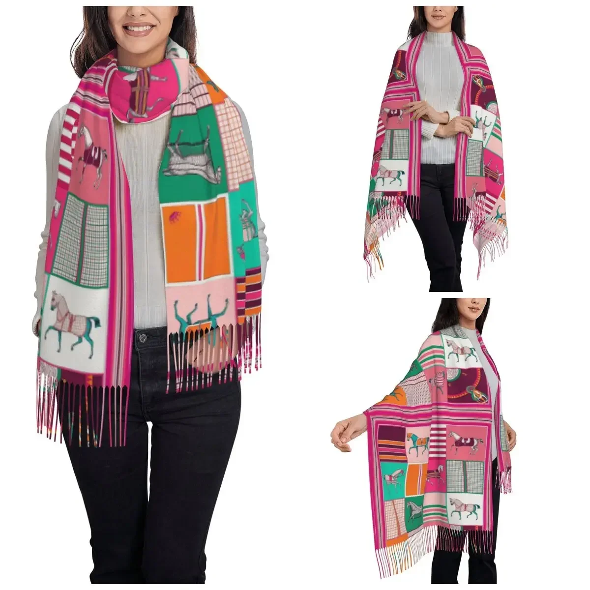 الحصان الكرتون شال التفاف للنساء الشتاء وشاح طويل ناعم عشاق الحيوانات منديل شال الأوشحة