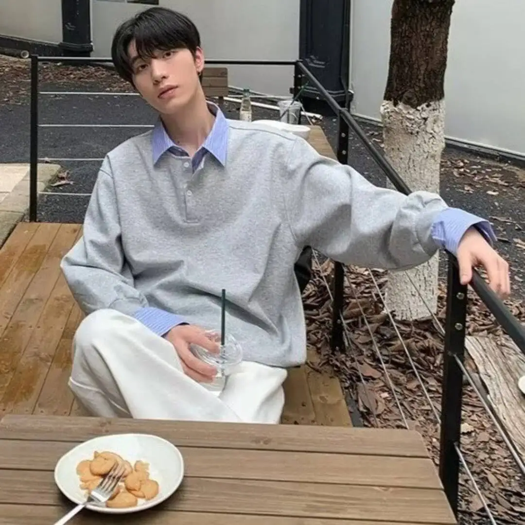 

Men's Fake Two Piece Office Suit Shirt Collar Sweatshirt Man 2025 Autumn Long Sleeve Lapel Loose Stylish Top