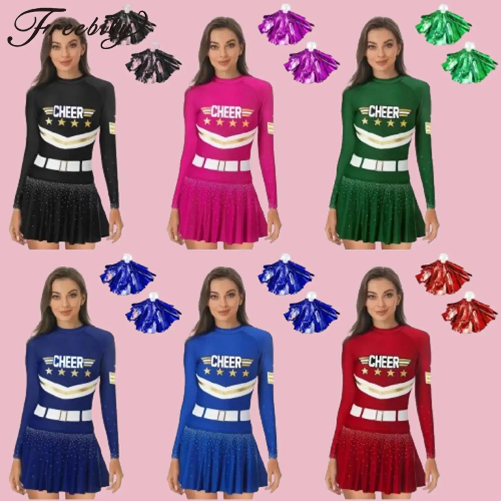 

Women Schoolgirl Uniform Cheer Dance Suits Adults Cheerleading Costumes Cheerleader Outfits Cheering Team Dress + Hand Flowers