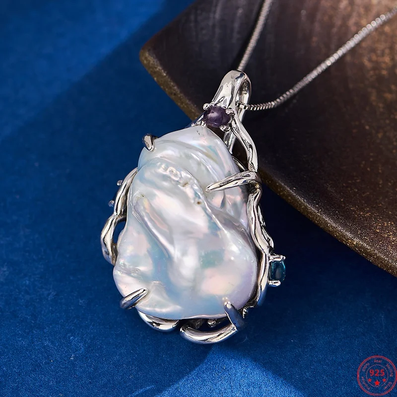 

S925 Sterling Silver Pendant for Women Men Irregular Pattern Inlaid Baroque Pearl Charm Fashion Jewelry Wholesale