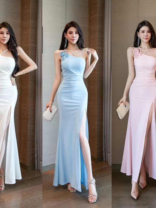 

Новое вечернее платье 2026 года с одним открытым плечом, длинное, вязаное, с высокой талией, фасон «рыбий хвост», для SPA, KTV, технических мероприятий