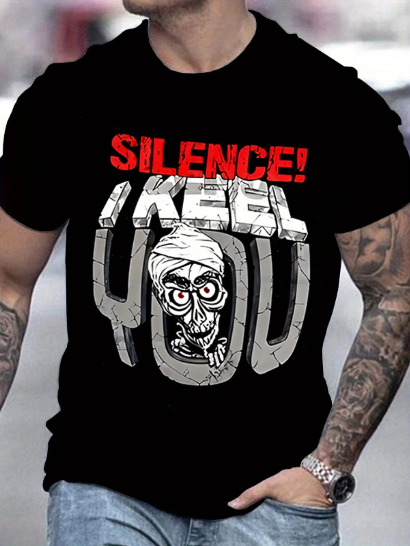 

Silence I Keel You Skull Printed T-shirts Mens Casual Round Neck Short-sleeved Top