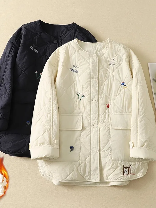 

Легкая хлопковая куртка с вышивкой для женщин, зимняя, больших размеров, с воротником, очень красивая, утепленная верхняя одежда