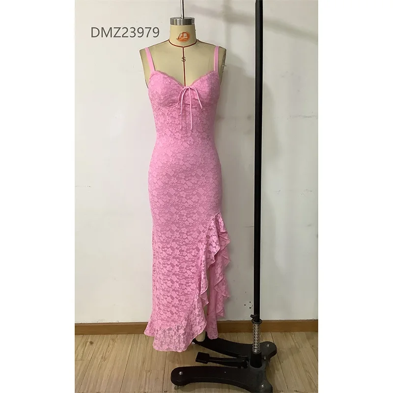 Pink Lace Women Prom Dress Sleeveless Ruffle Edge Strap Long Formal Evening Party Gown Sexy Side Split Sheath Robes