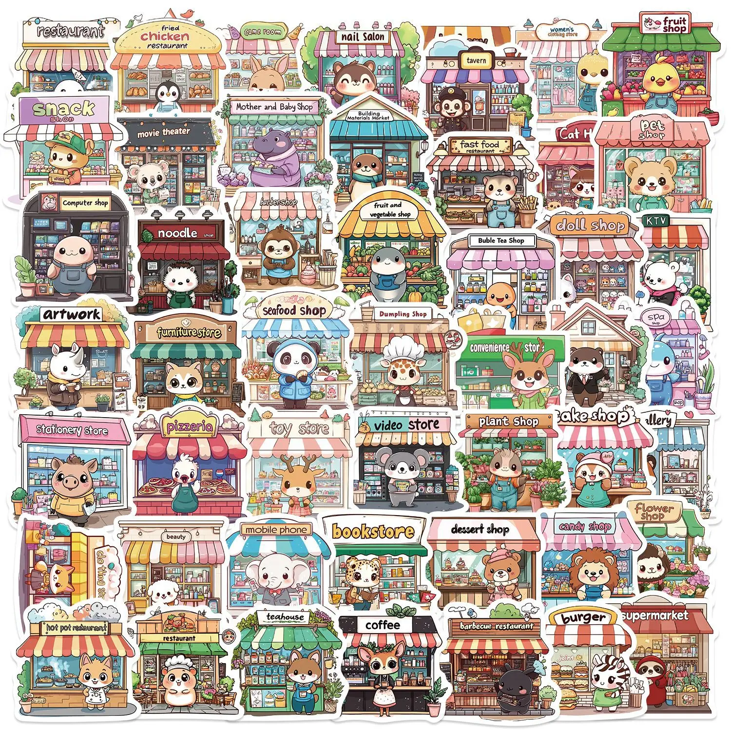 

50Pcs Cartoon fun storefront Series Stickers Suitcase Phone Case Water Bottle Waterproof Decoration Diy Sticker Packs