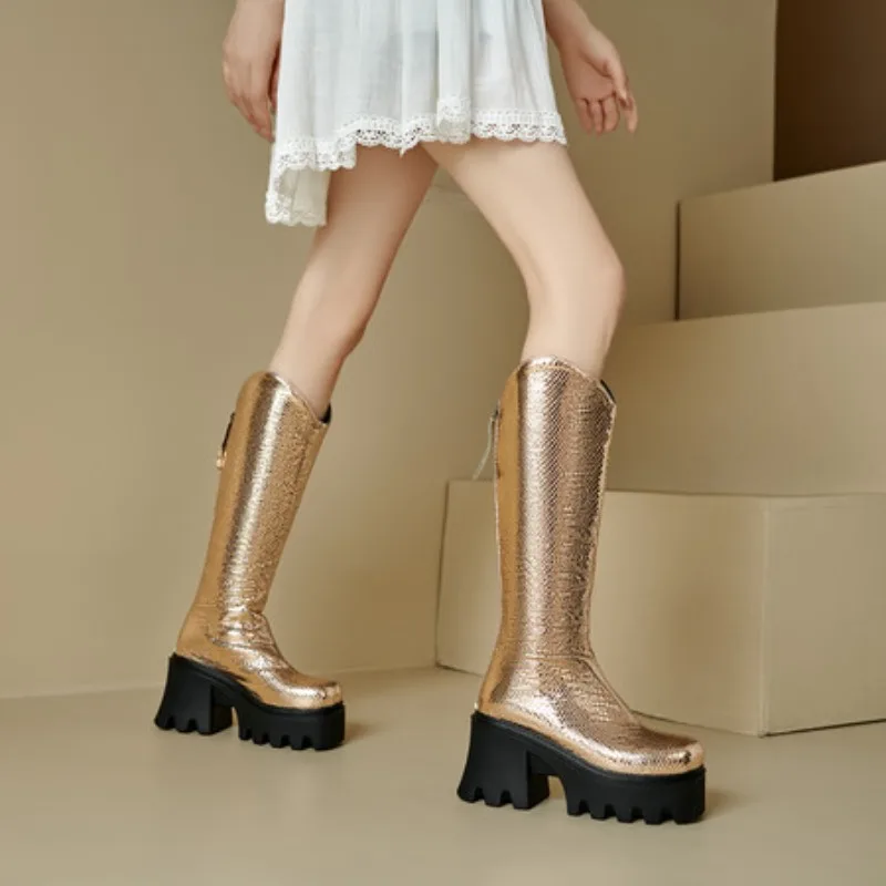 Square Toe Ultra-High Platform Non-Slip Rubber Platform Heel Knee Boots Simple Style Bright Patent Leather Height-Enhancing Shoe