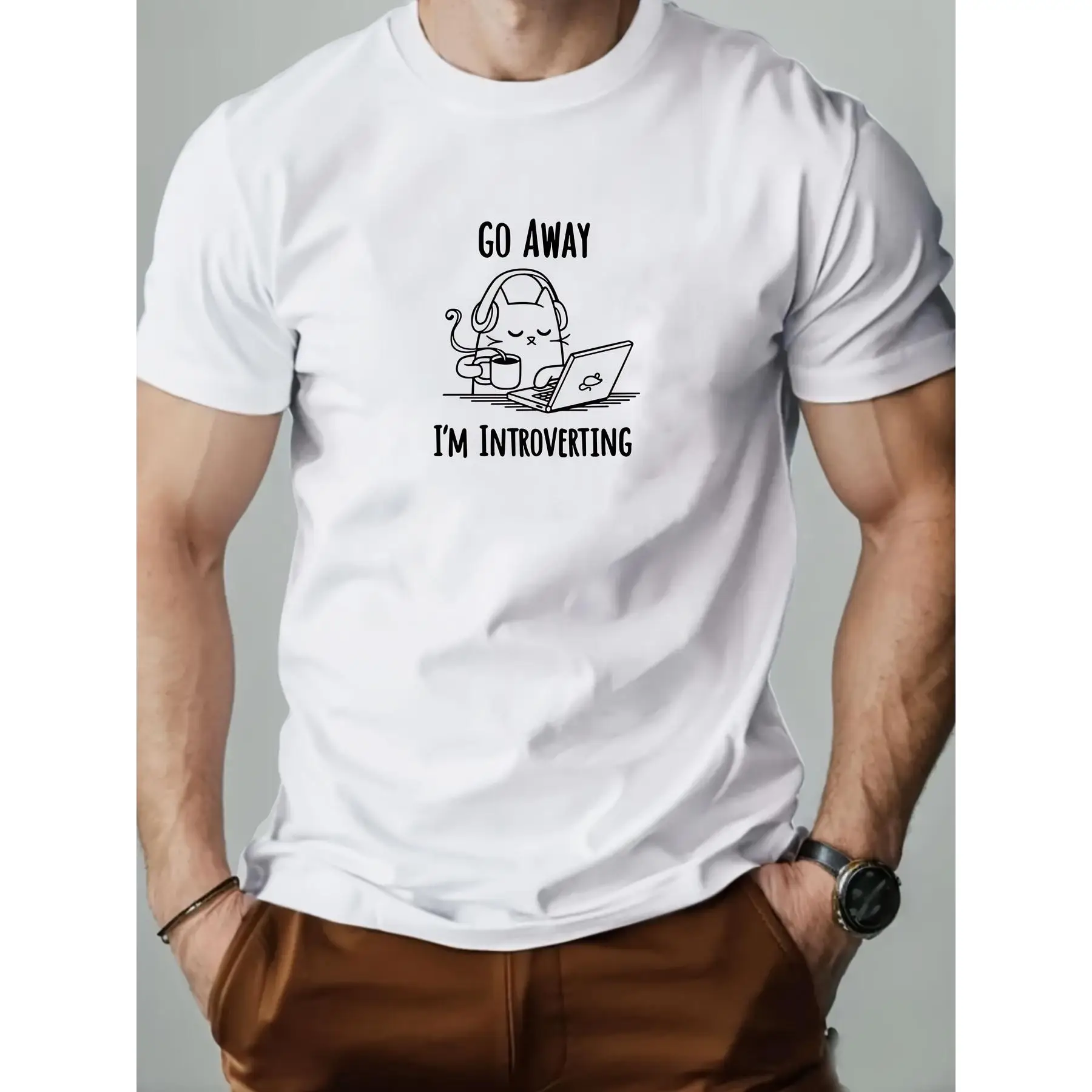 

Go Away I'm Introverting" T-Shirt Funny Cat Print Tee Unisex Cotton Short Sleeve Top Introvert Gift Idea Book Lover Gift