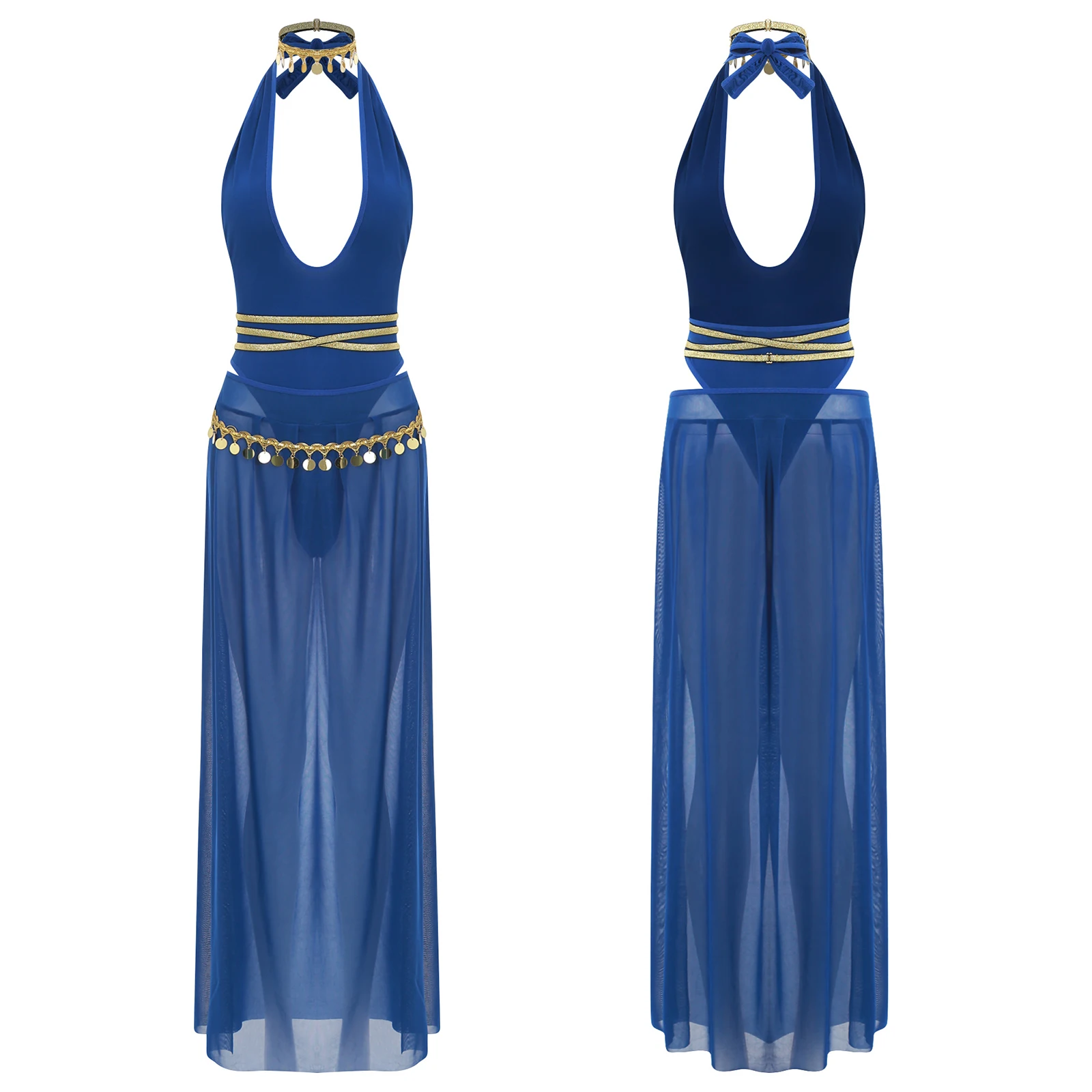 

Women Sheer Egypt India Dance Costume Sexy Cosplay Outfit Bodysuit and Slit Mesh Skirt with Choker Nightclub Rave Dance Party