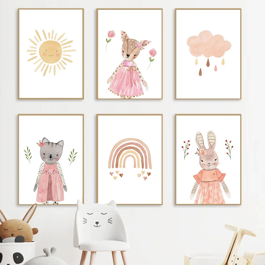 

Nordic Posters Rabbit Cat Fox Sun Rainbow Cloud Nursery Wall Art Canvas Painting And Prints Wall Pictures Baby Kids Room Decor