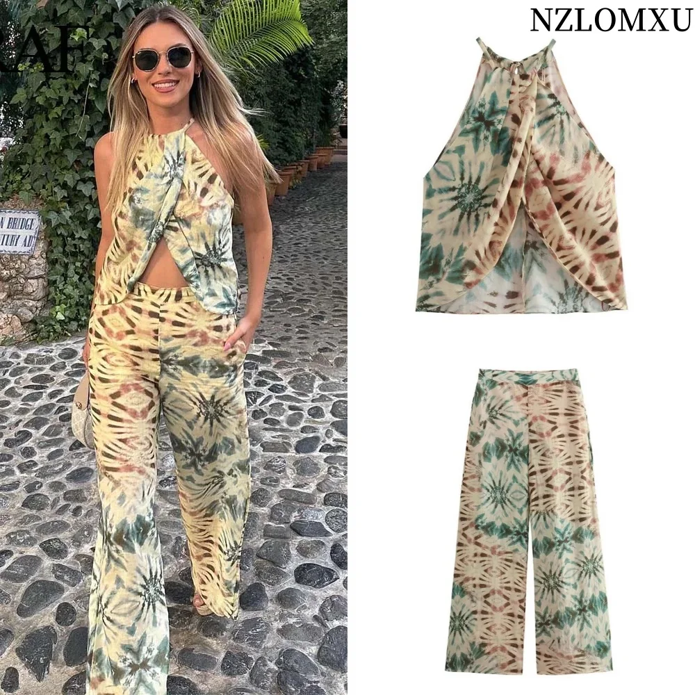 

2025 Summer 2 Pieces Sets Fashio Printed Hang-Neck Short Sling Tops + High Waist Long Pants Causal Elegant Slim Sets