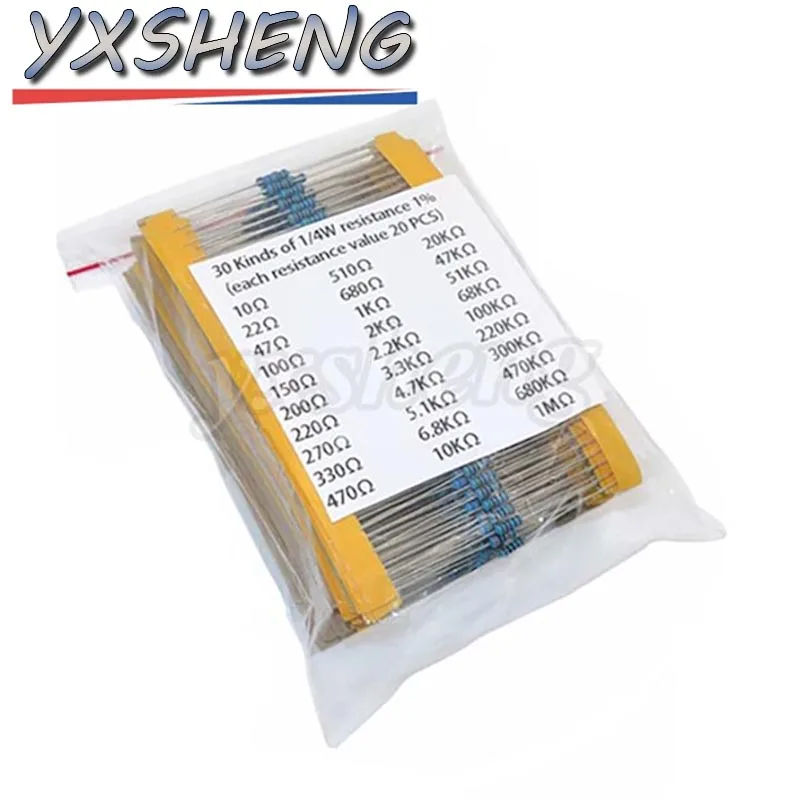 600pcs/set 30 Kinds 1/4W Resistance 1% Metal Film Resistor Pack Assorted Kit 1K 10K 100K 220ohm 1M Resistors 300pcs/set