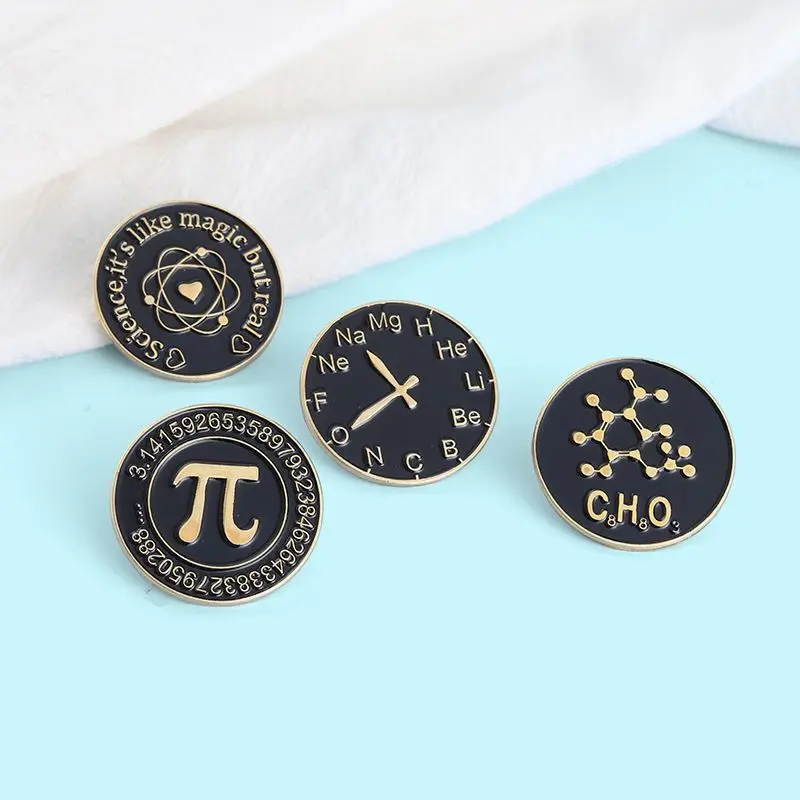 Creative Science Circular Brooch Alphabet Symbol Alloy Pins Clock Chemistry Molecular Atomic Structure Diagram Badge Accessory