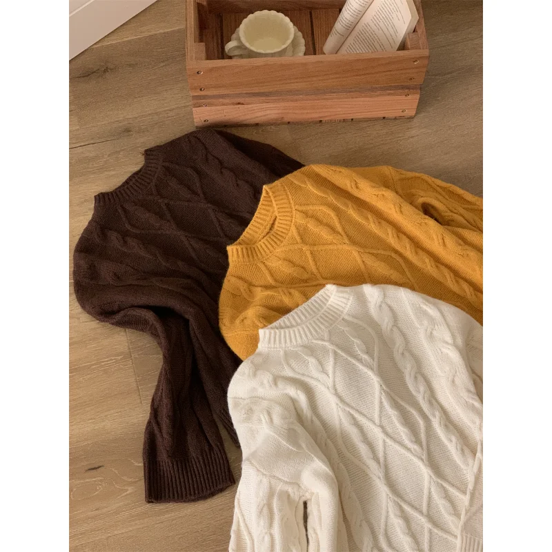 เสื้อสเวตเตอร์ถักแบบลำลอง ทรงกลม ดีไซน์เรียบง่าย ผ้าขนสัตว์หวีอย่างดี ลายคลื่นหลวมๆ สไตล์สบายๆ