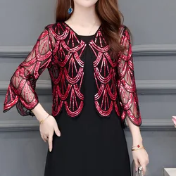 Summer New V-neck Fashion Three Quarter All-match Cardigan Women High Street Elegant Button Shawl Sequined Hollow Out Y2K Tops