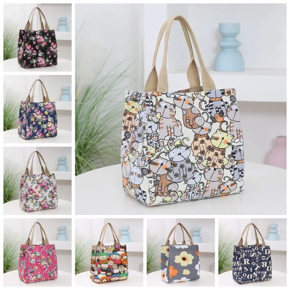 

Cute Cartoon Print Lunch Bag Portable Canvas Bag Women's Casual Handbag Tote Purse For School Office Picnic Bag