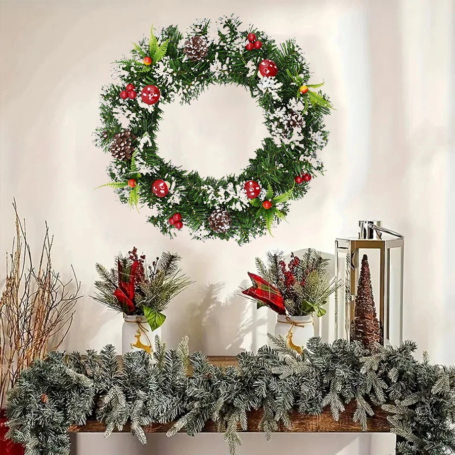 

1PC Christmas Wreath With Mushrooms And Pine Cones Classic Holiday Decoration Door Wall Hanging Plant Home Christmas Decoration