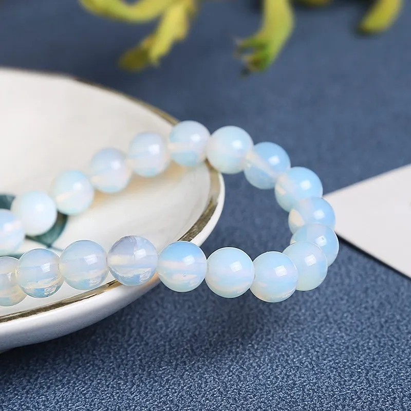JD Women Fashion Smooth White Opal Moon Stone Bracelet Stretch Cord Elastic Colorful Cat Eyes Stone Expandable Rope Jewelry
