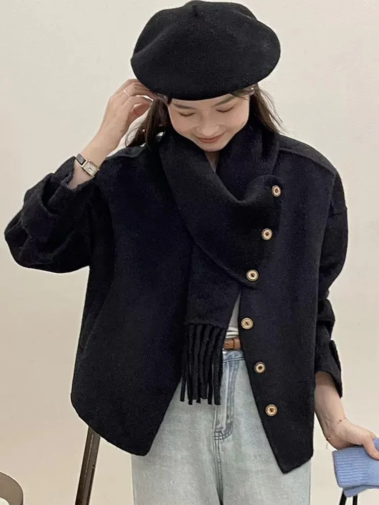 LANMREM Korean Style Wool Short Coat Women Scarf Collar Design Single Breasted Clothing Fashion Female 2024 Winter New 2VV101