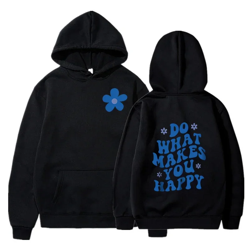 Letter Graphic Hoodies Aesthetics Long Sleeve Hooded _Do What Makes You Happy_ Blue Floral Pullover Fashion Y2K Sweatshirt