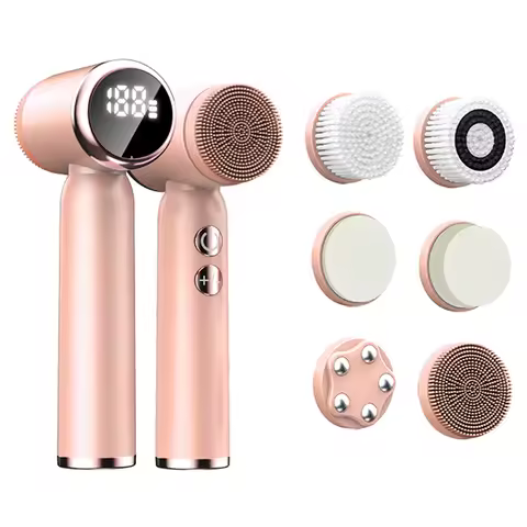 LED Display 6 Replacement Brush Heads Wireless Charger Vibrating Face Scrubber Electric Sonic Silicone Facial Cleansing Brush
