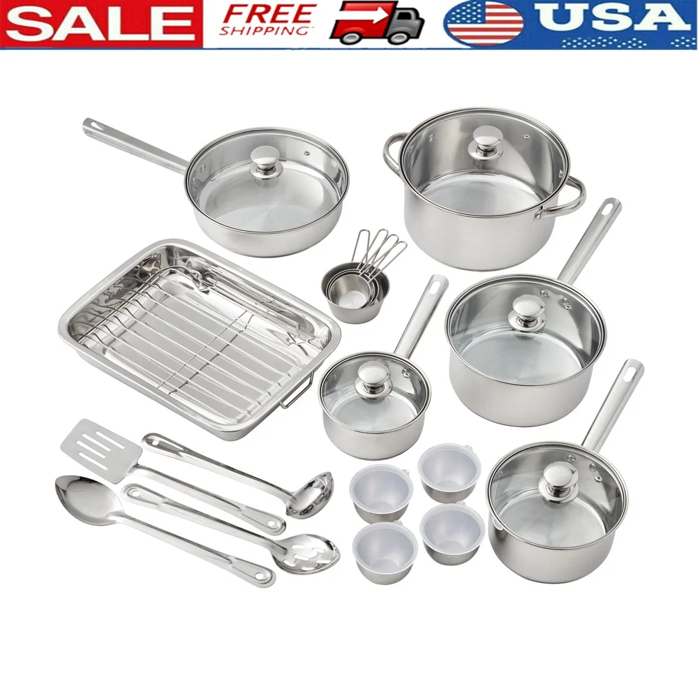 

24Pc Stainless Steel Cookware Set Dishwasher Safe Induction Compatible Includes Saucepan Fry Pan Dutch Oven Ramekin Bowls