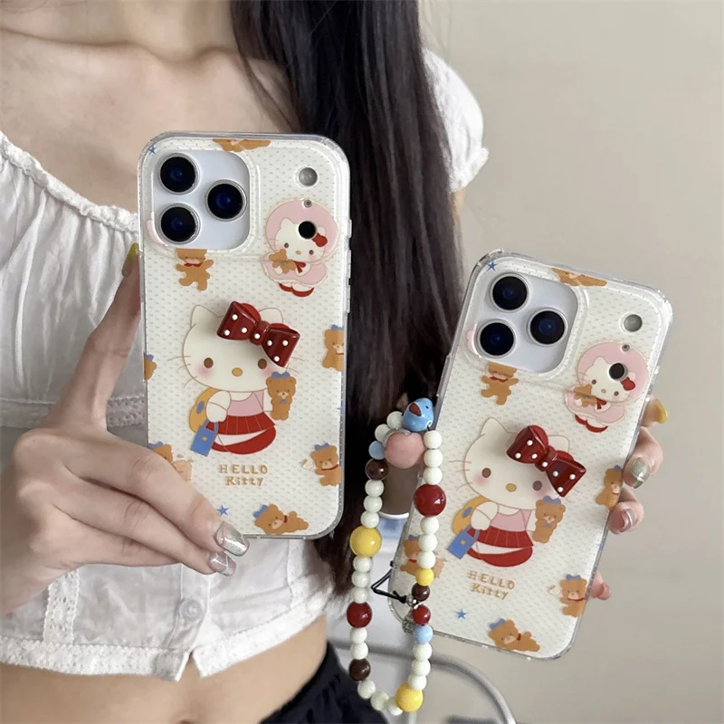 

Korean Cute 3D Bow Hellokitty Ploka Dot Phone Case For iPhone 17 Pro 14 15 Pro 16 Max Cover with Chain Shockproof Cases
