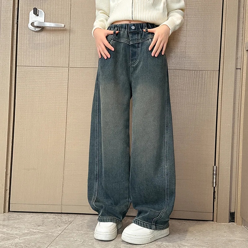 Girls' Vintage Spring Denim: Soft, Comfortable, and Wrinkle-Free. New Loose-Fit Wide-Leg Jeans for Kids.Girls' Clothing