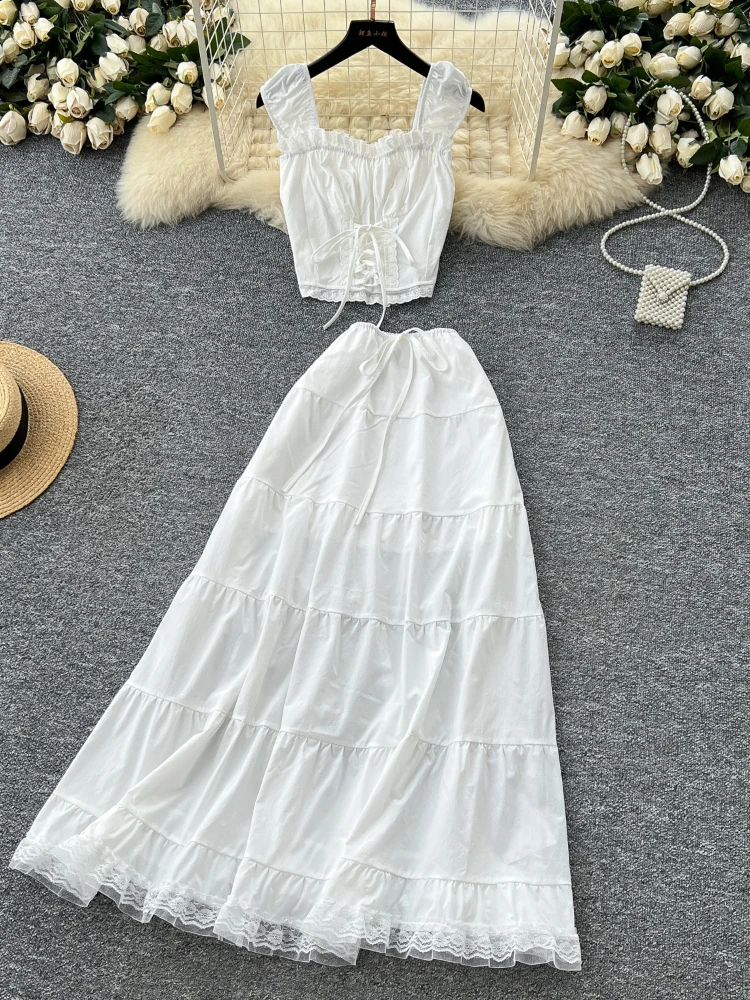 

2025 Summer Strap Design Slimming Short Top Lace Splicing Skirt Women Elegant Temperament Fairy Vacation Trendy Set