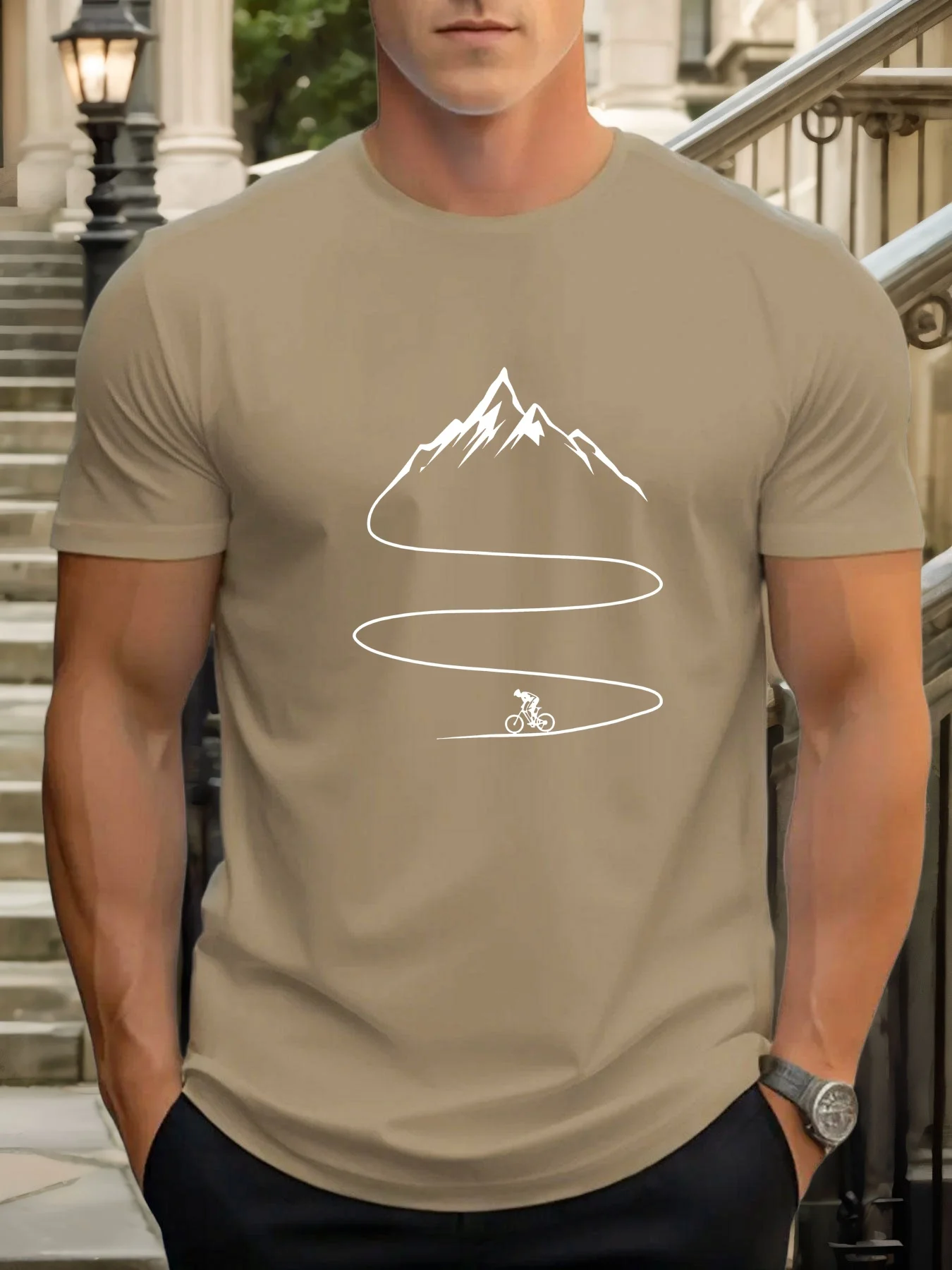 Camiseta Masculina de Verão 100% Algodão com Estampa de Bicicleta e Montanhismo, Casual, Solta, Esportiva, Gola Redonda, Manga Curta