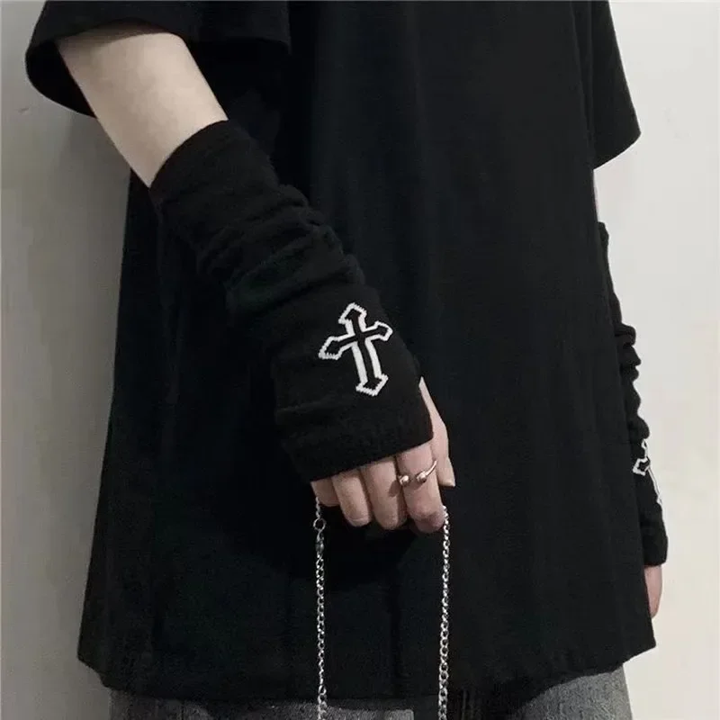 Punk Cross Pentacle Moon Pattern Long Fingerless Gloves Gothic Black Cuff Women Men Ninja Outdoor Cos Elbow Mittens Arm Warmers