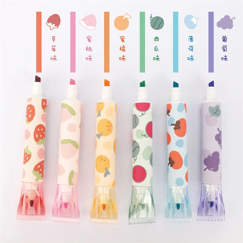 

6 pcs/lot Creative Fruit Highlighter Cute Double Head 6 Colors Drawing Marker Pens Office School Writing Supplies