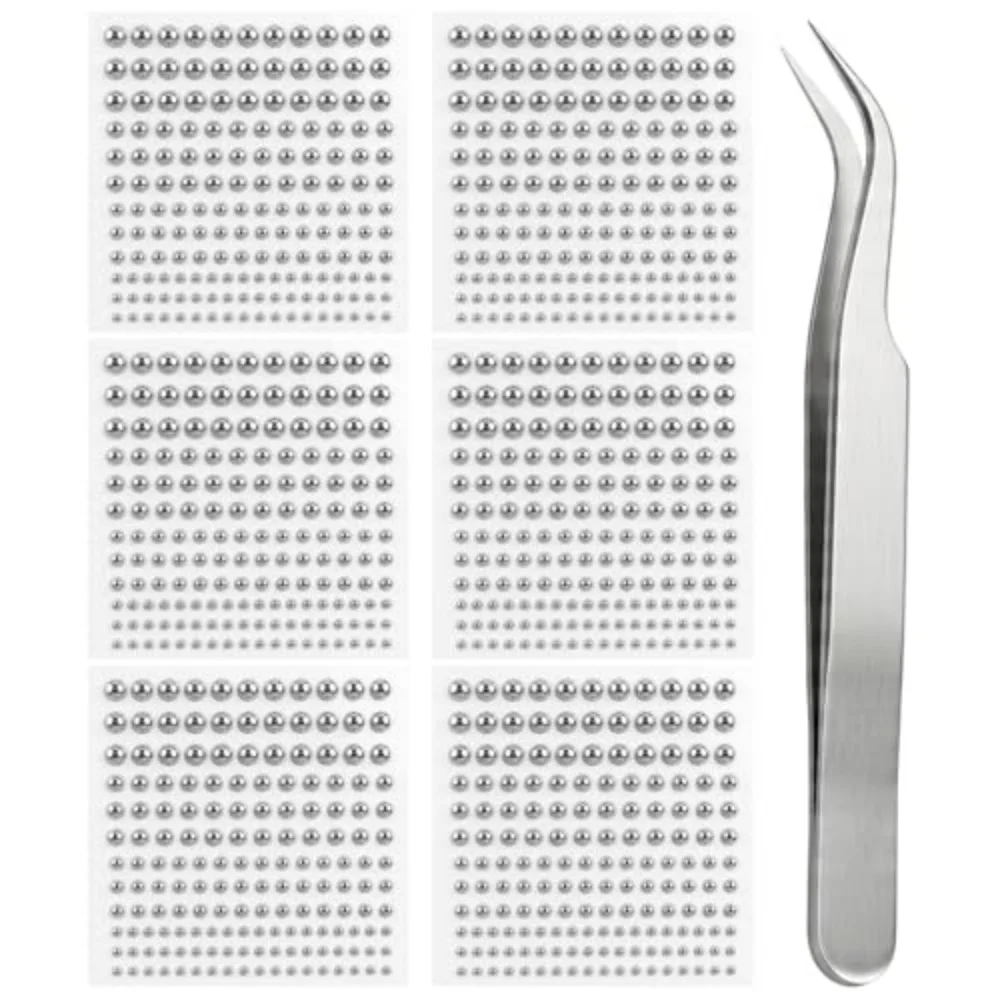 6 Sheets Self‑Adhesive Silver Round Face Gems 3‑6mm Makeup Jewels with Tweezers for Festival Cosplay Party Decoration