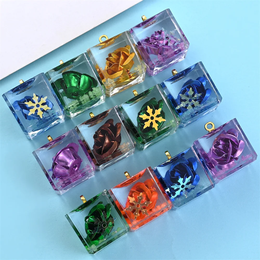 5 Stück transparente, quadratische, leuchtende Rosenblüten-Anhänger für DIY-Schmuckherstellung, Bastelarbeiten, Anhänger, Armbänder, Halsketten – Detail 13