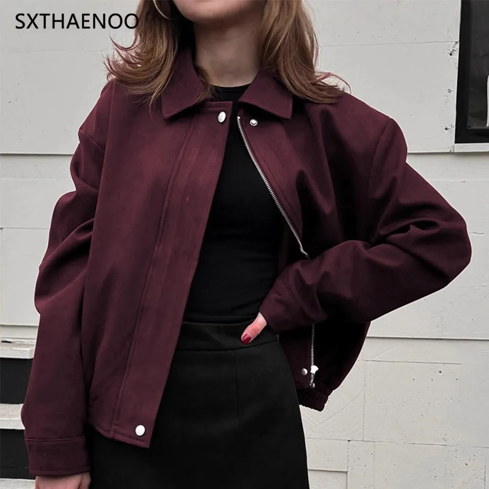 

IRENE TINNIE Wine Red Suede Jacket Women's Casual Workwear Winter Coat Zipper Closure Shoulder-Length Sleeve Regular Fit Commute