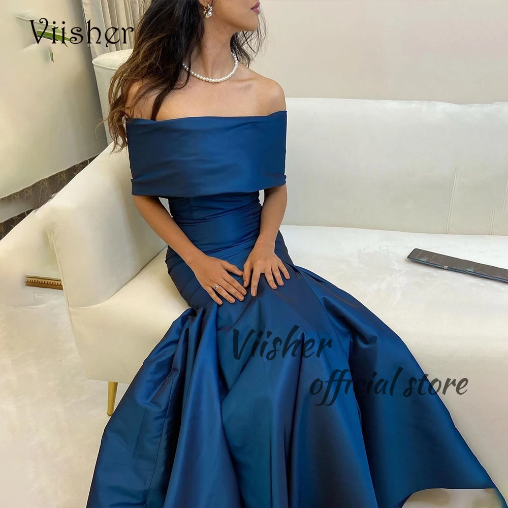 

Viisher Royal Blue Satin Mermaid Evening Dresses Off Shoulder Dubai Arabian Prom Dress Floor Length Women Formal Party Gown