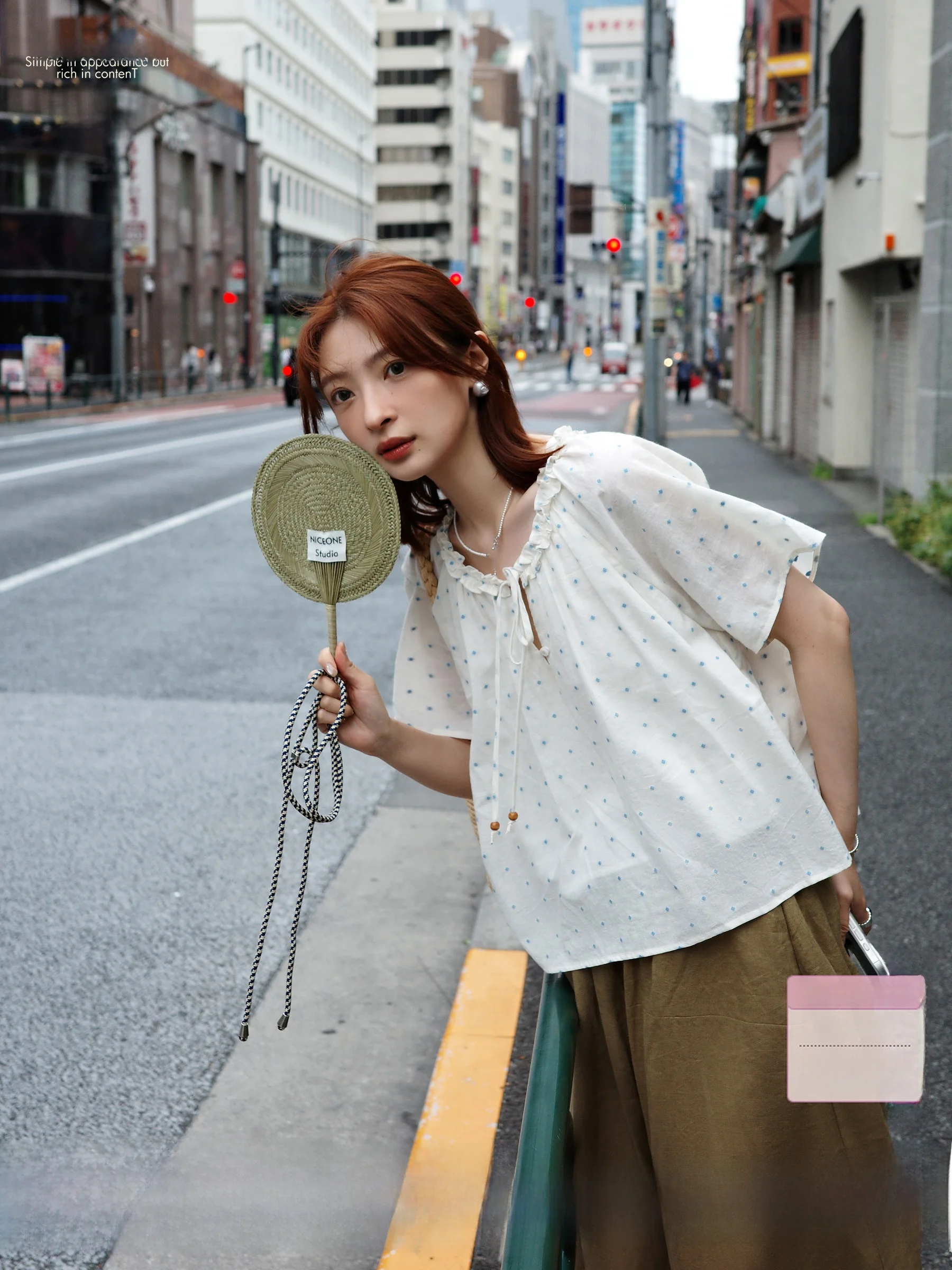 

French Style Cotton Han Han Shirt Short Sleeve Workroom Dotting Pattern Bow Tie Wooden Female Summer Thin round Neck Shirt