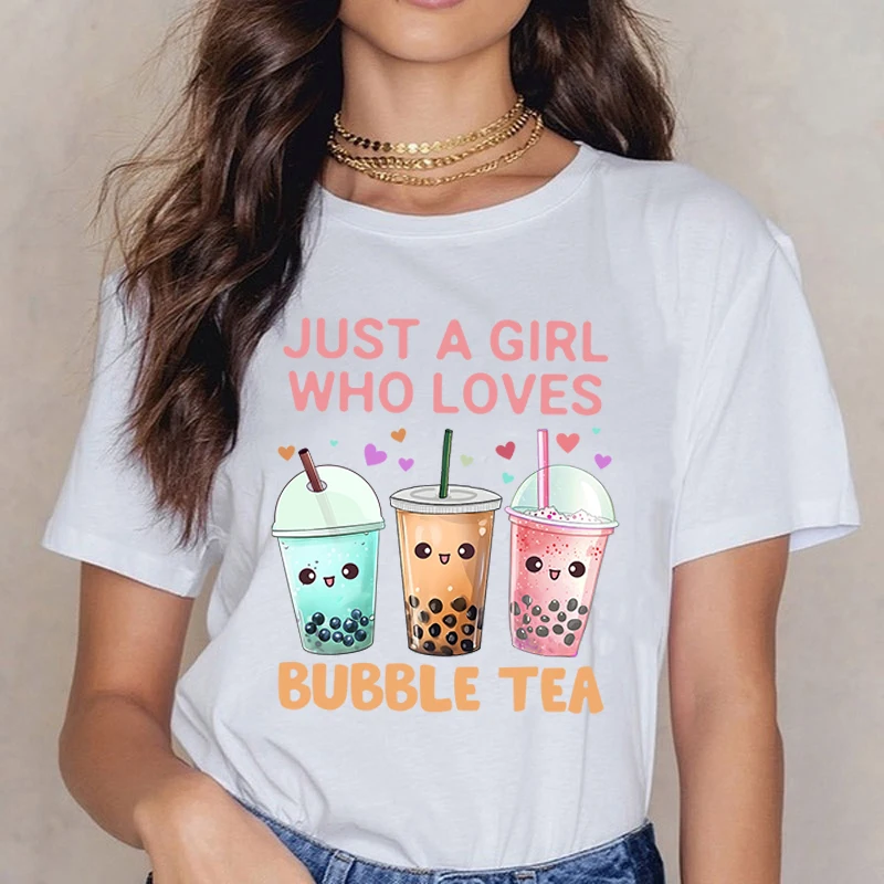 Just A Girl Who Loves Bubble Tea Printed T-Shirt Fashion Summer Women Short Sleeve Cool Hip Hop Top Cotton Shirt Harajuku TShirt
