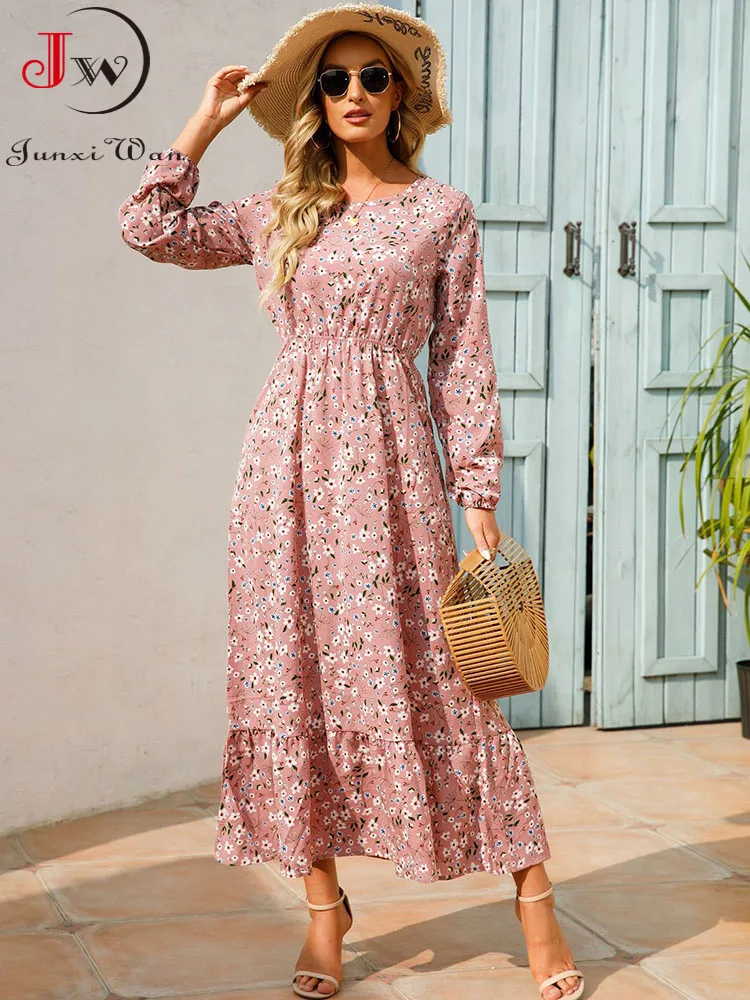 Women Elegant Floral Printed Long Dresses Spring Summer Casual O Neck Long Sleeve Ladies Chic High Waist A Line Beach Dresses