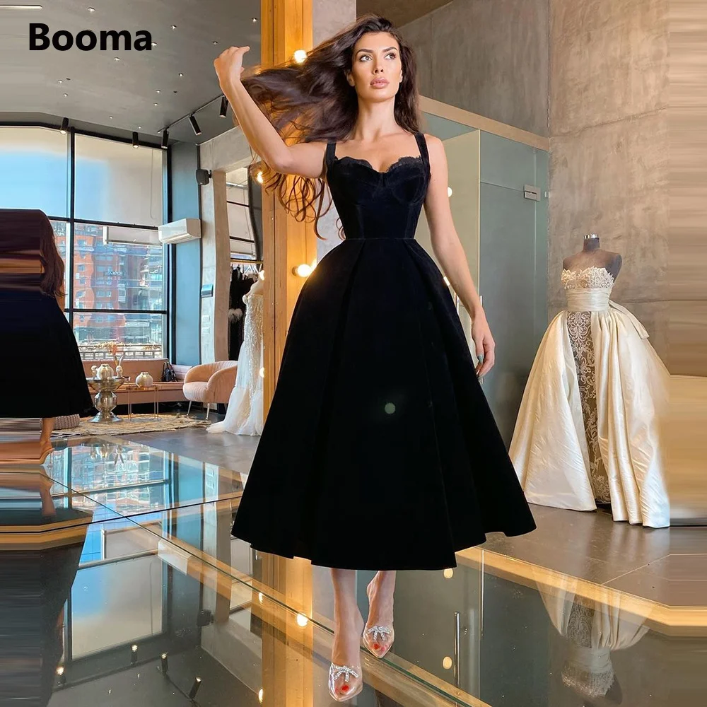 Booma Black Velvet Short Prom Dresses Sweetheart Tea-Length Prom Gown Spaghetti Straps A-Line Formal Party Dresses Customizd