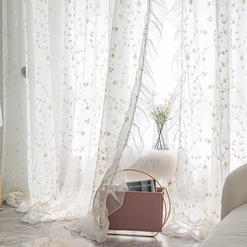 White Sheer Embroidered Flowers Tulle Curtains French Elegant Ruffle Design Linen Breathable Window Curtains for Living Rooms