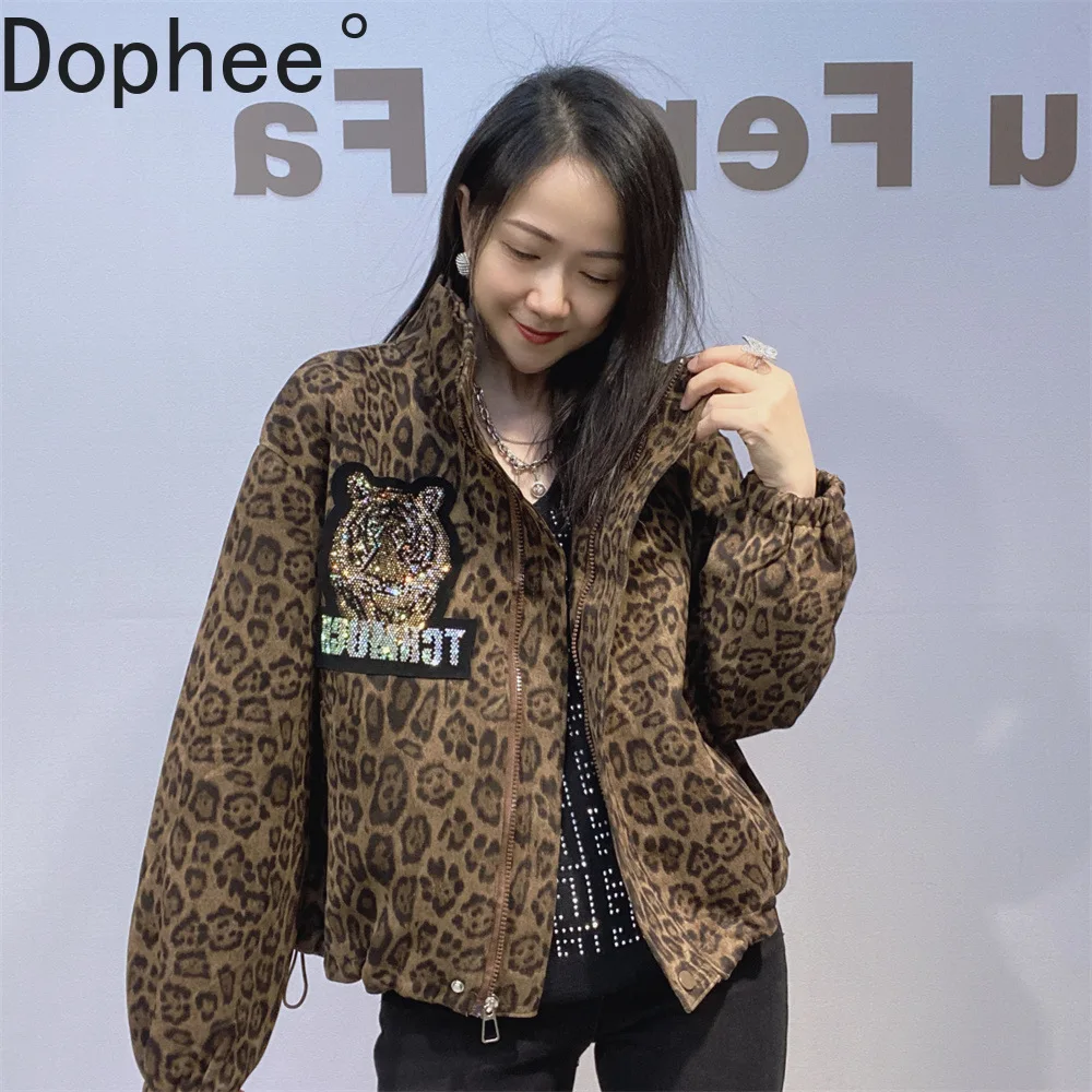 

Leopard Suede Baseball Clothes New Autumn Winter Handsome Tiger Diamonds Jacket All-match Loose Long Sleeve Women Cardigans Coat