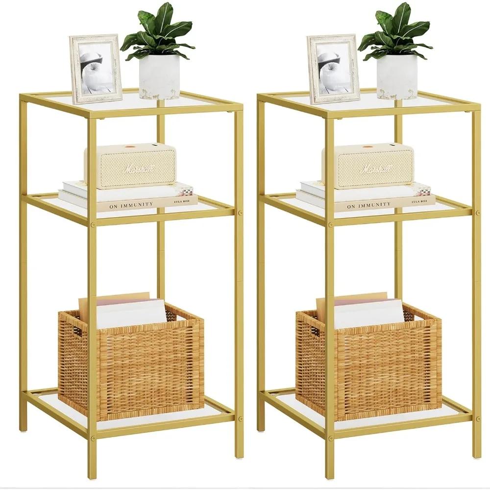 

3-Tier Side Tables Set of 2, End Tables with Tempered Glass, Nightstands with Storage Shelves, Slim Sofa Tables for Living Room