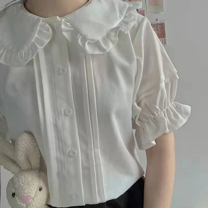 Zoki Japanese Sweet Women Blouses Lolita Style White Kawaii Peter Pan Collar Jk Shirt Cute Preppy Ruffle Puff Short Sleeve Tops