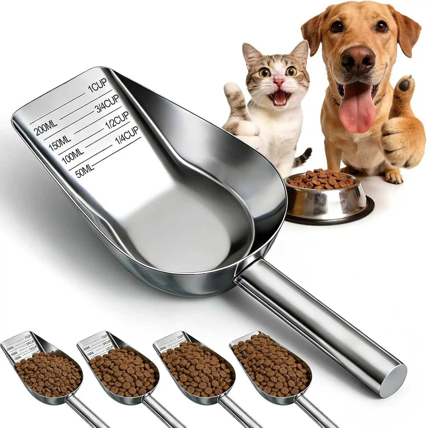 Hundefutter-Schaufel aus Edelstahl mit Langem Griff, Präziser Hundefutter-Messbecher 1, 3/4, 1/2, 1/4 Tasse, Tierfutter-Schaufel für Hunde, Katzen – Detail 1
