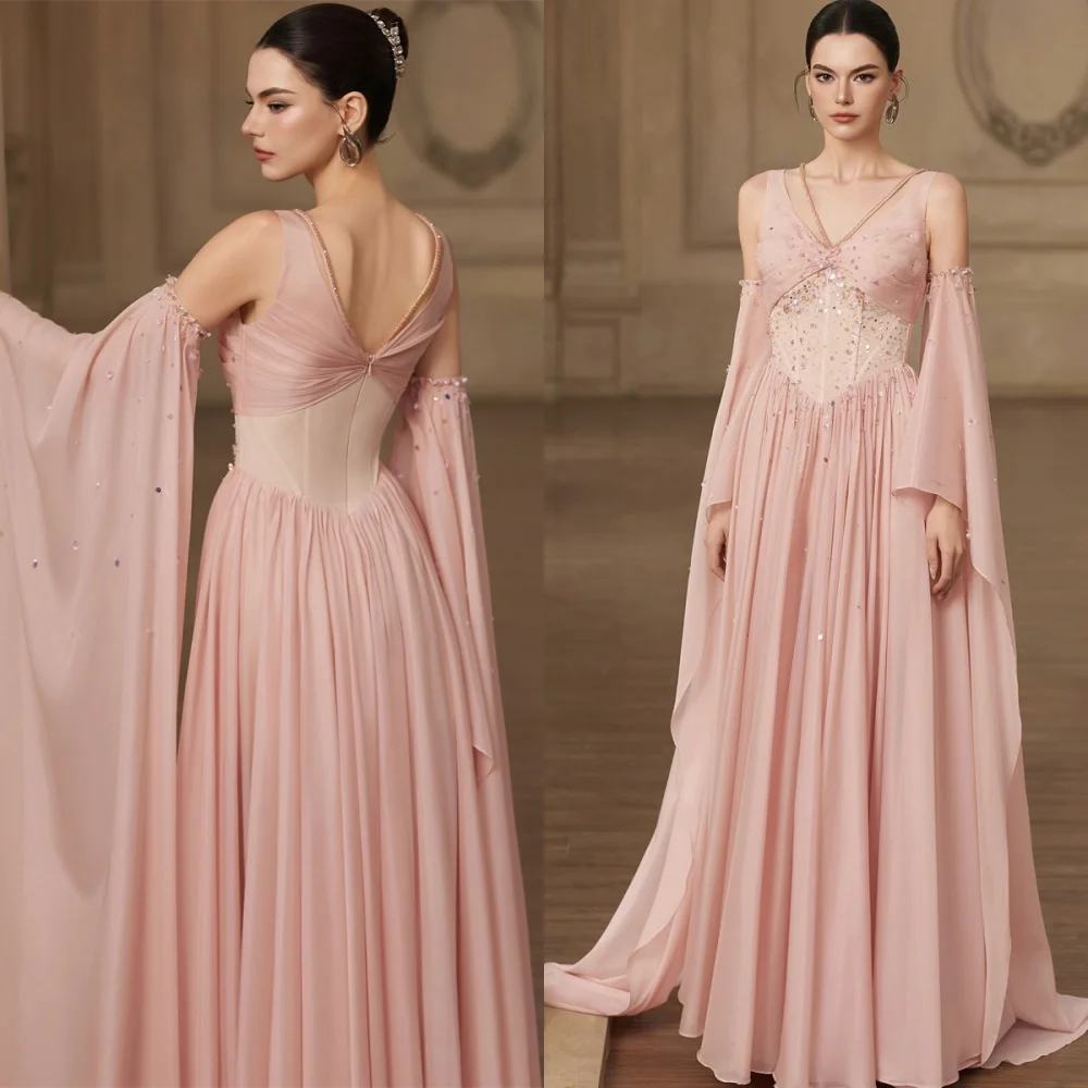 

Customized Temperament Pink Evening Dress Exquisite V-Neck Long Sleeves Homecoming Dresses Luxury Crystal Special Occasion Gowns